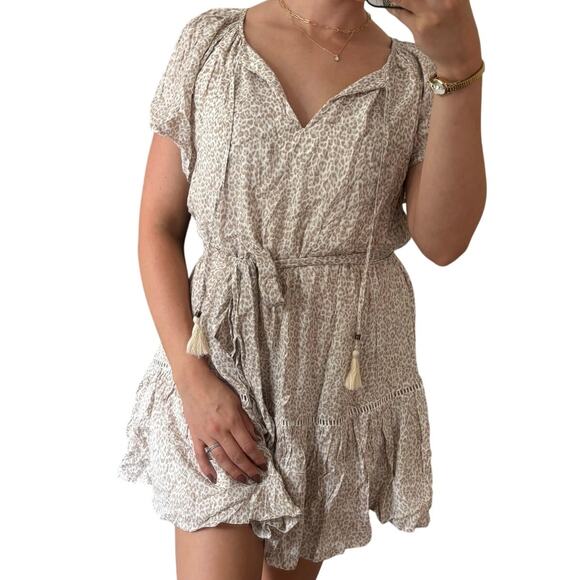 Olivaceous S Cream Boho Animal Print Belted Tassel Ruffle Flowy Mini Dress - Picture 1 of 10